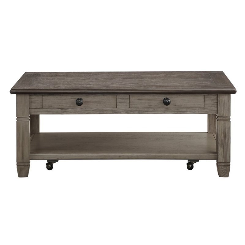 Pemberly Row 2-Drawer Wood Coffee Table With Shelf in Brown and Antique Gray