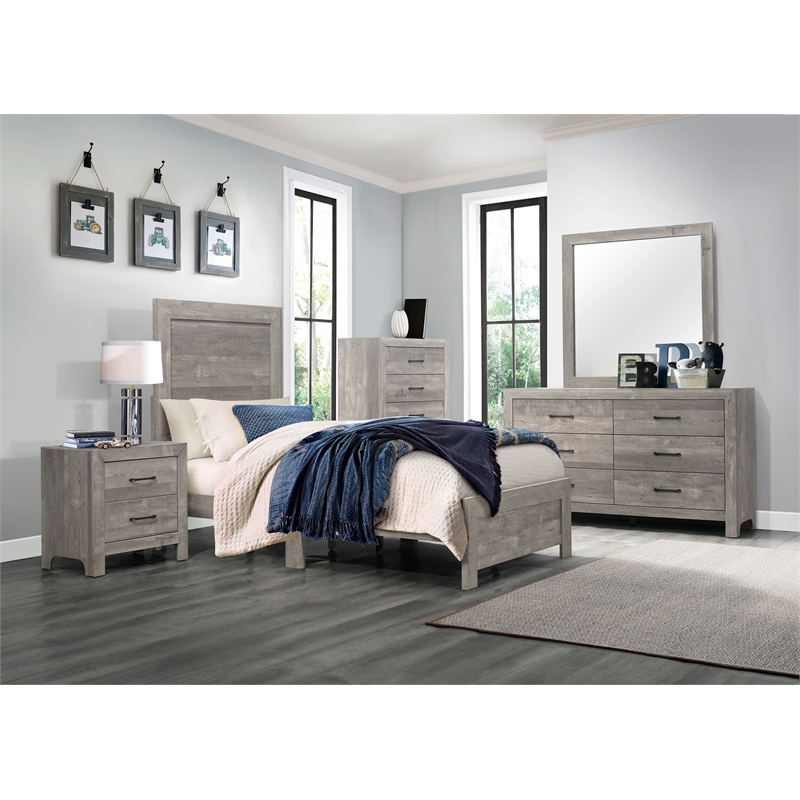 Pemberly Row Rustic Twin Panel Bed With Textured Wood-Look Finish in Gray