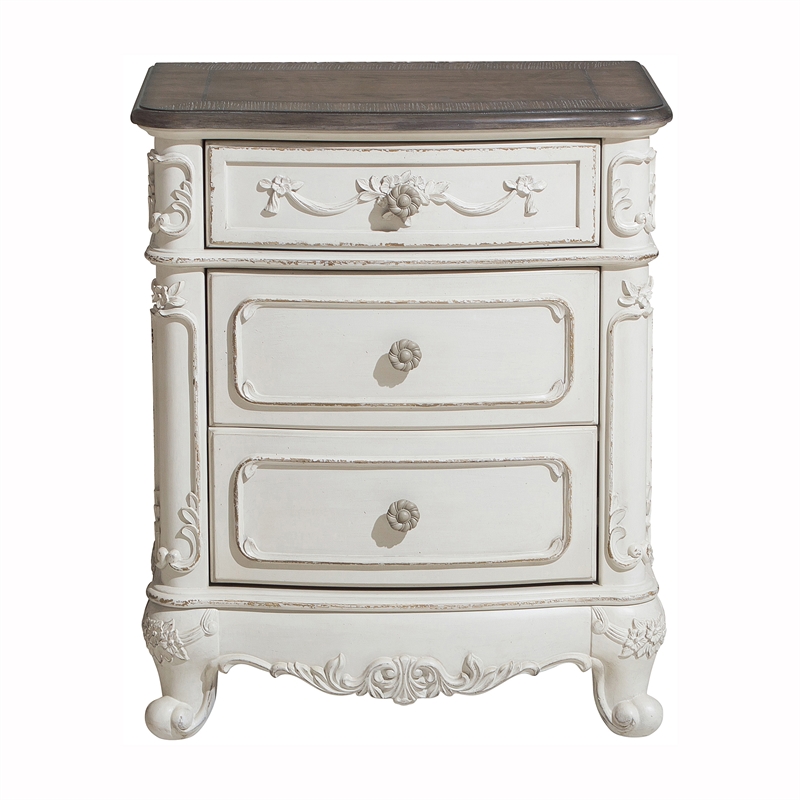 Pemberly Row 3-Drawer Wood Nightstand in Antique White with Gray Accents
