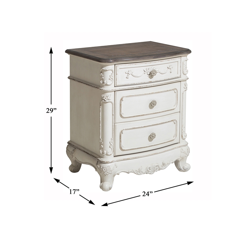 Pemberly Row 3-Drawer Wood Nightstand in Antique White with Gray Accents
