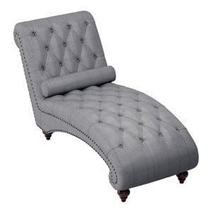 Pemberly Row Tufted Fabric Chaise Lounge with Bolster Pillow in Dark Gray