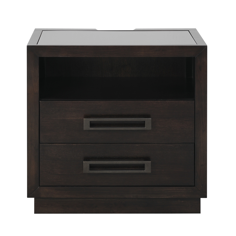 Pemberly Row 2-Drawer Glass Top Nightstand with LED and USB in Charcoal