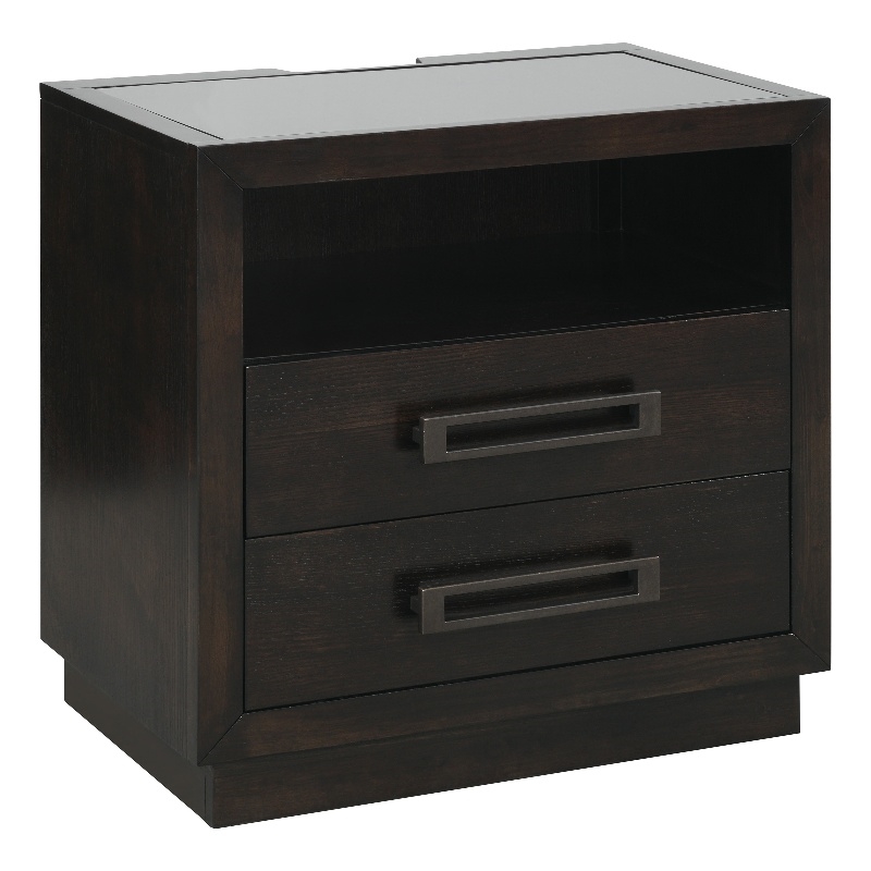 Pemberly Row 2-Drawer Glass Top Nightstand with LED and USB in Charcoal