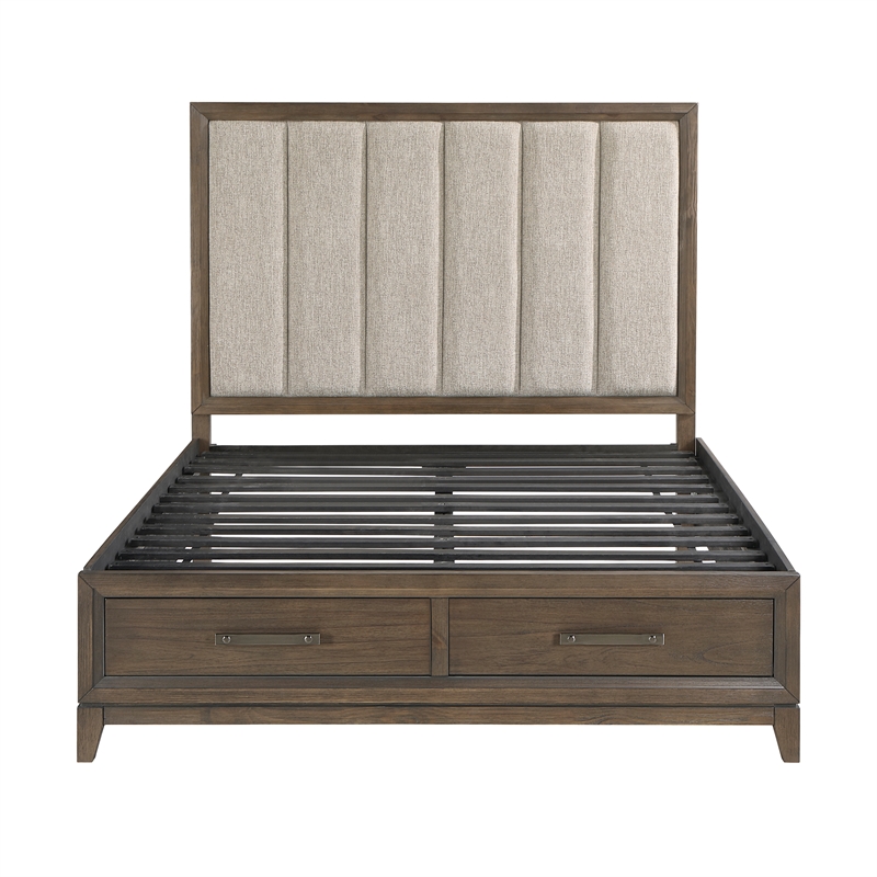 Pemberly Row Queen Platform Bed with Footboard Storage Drawers in Dark Walnut