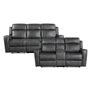 Pemberly Row Microfiber Reclining Sofa & Loveseat Set with Console in Smoky Gray