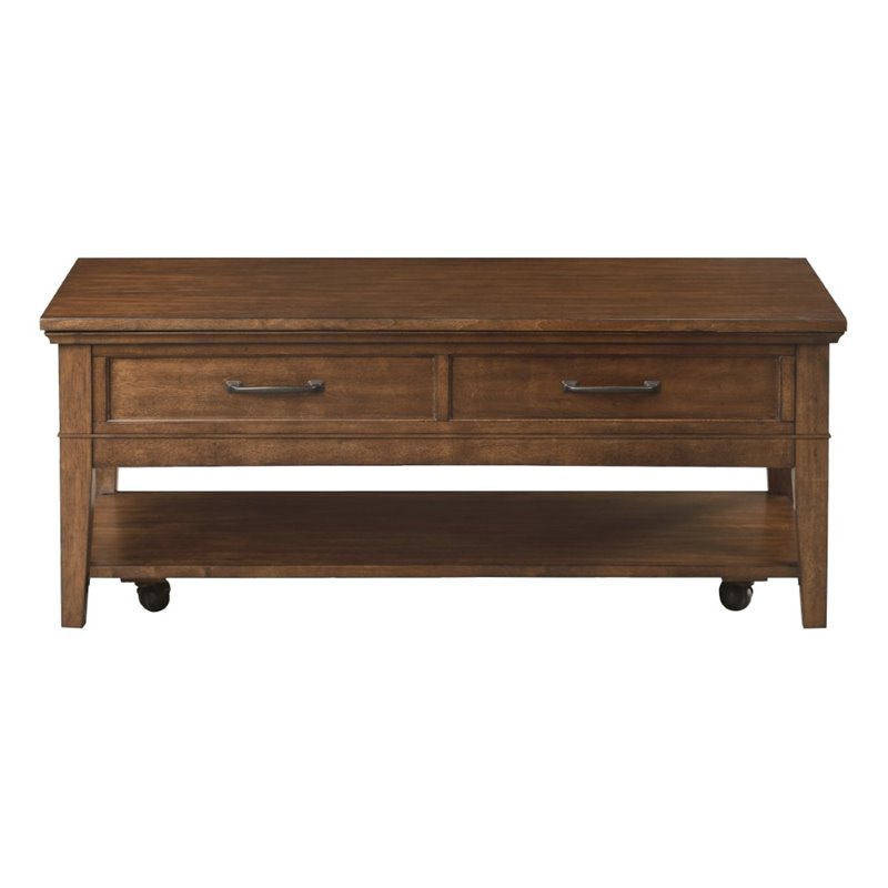 Pemberly Row Wood 2-Drawer Coffee Table with Shelf and Casters in Brown