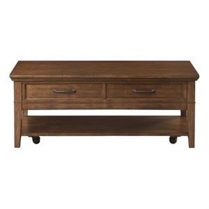 Pemberly Row Wood 2-Drawer Coffee Table with Shelf and Casters in Brown