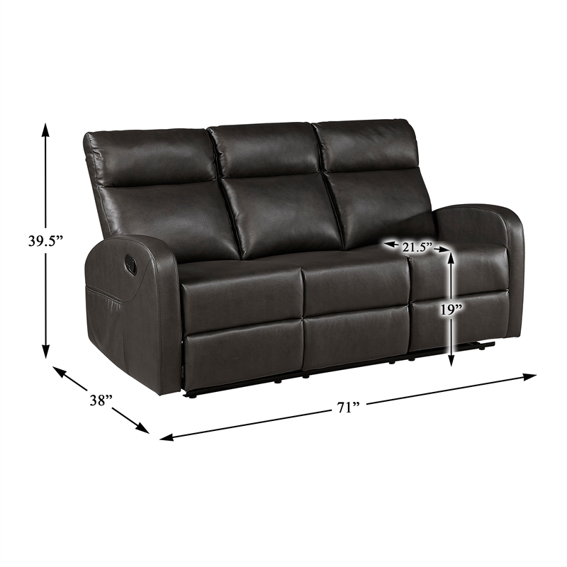 Pemberly Row Faux Leather Wall-Hugger Double Reclining Sofa in Espresso