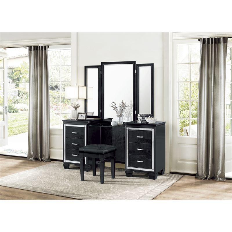 Pemberly Row Button-Tufted Faux Leather Vanity Stool with Foam Cushion in Black