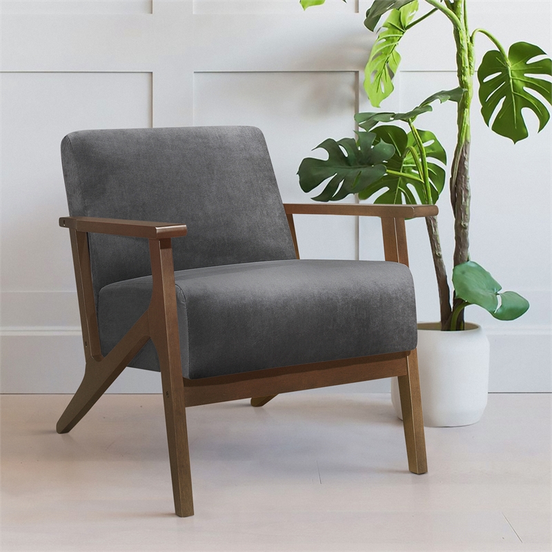 Pemberly Row Velvet Upholstered Accent Chair with Wood Arms in Dark Gray