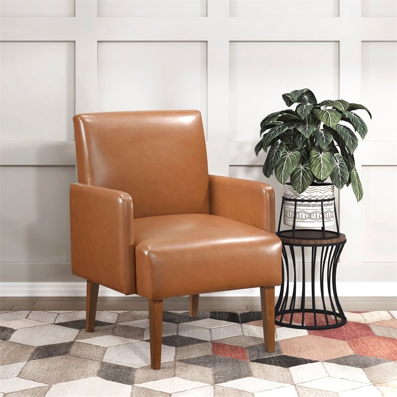 Pemberly Row Faux Leather Accent Chair with Walnut Legs in Matte Brown