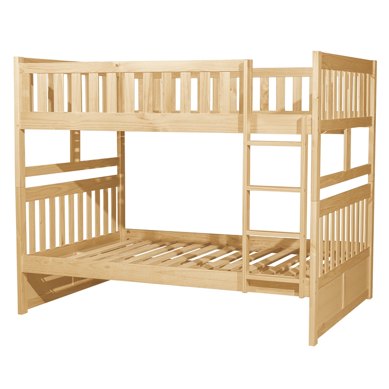 Pemberly Row Wood Full-Over-Full Bunk Bed with Guard Rails in Natural Pine
