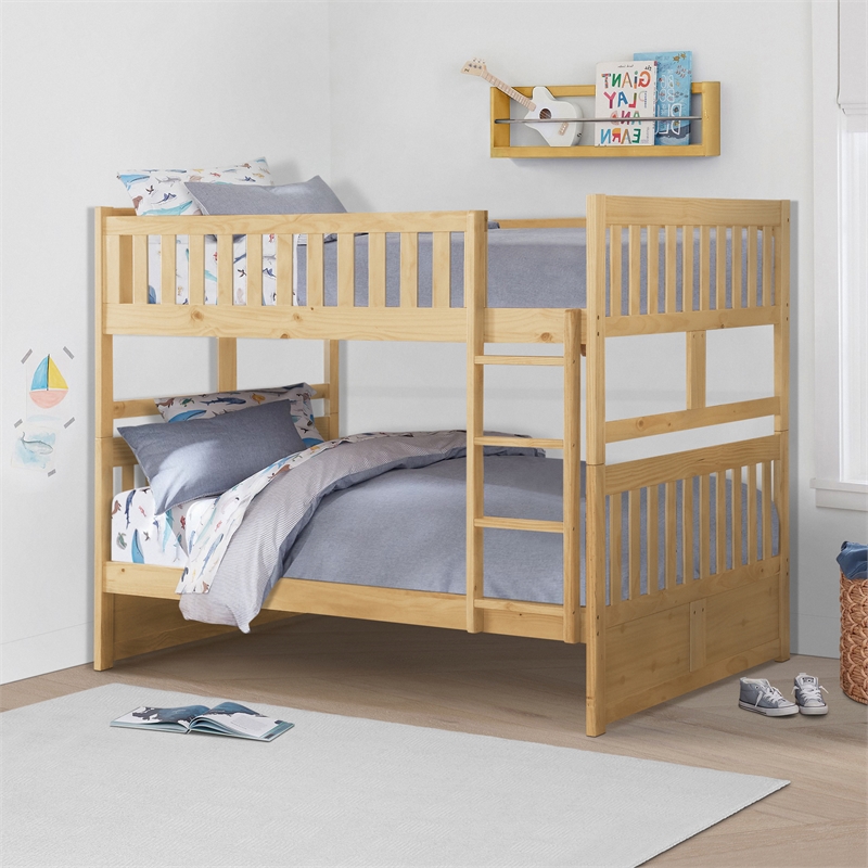 Pemberly Row Wood Full-Over-Full Bunk Bed with Guard Rails in Natural Pine