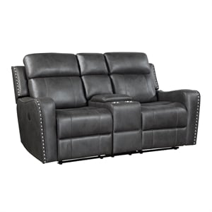 Pemberly Row Microfiber Power Reclining Loveseat with USB & Console - Smoky Gray