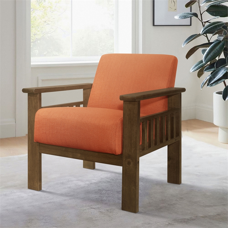 Pemberly Row Solid Wood Accent Chair with Slat Arms & Storage in Walnut & Orange
