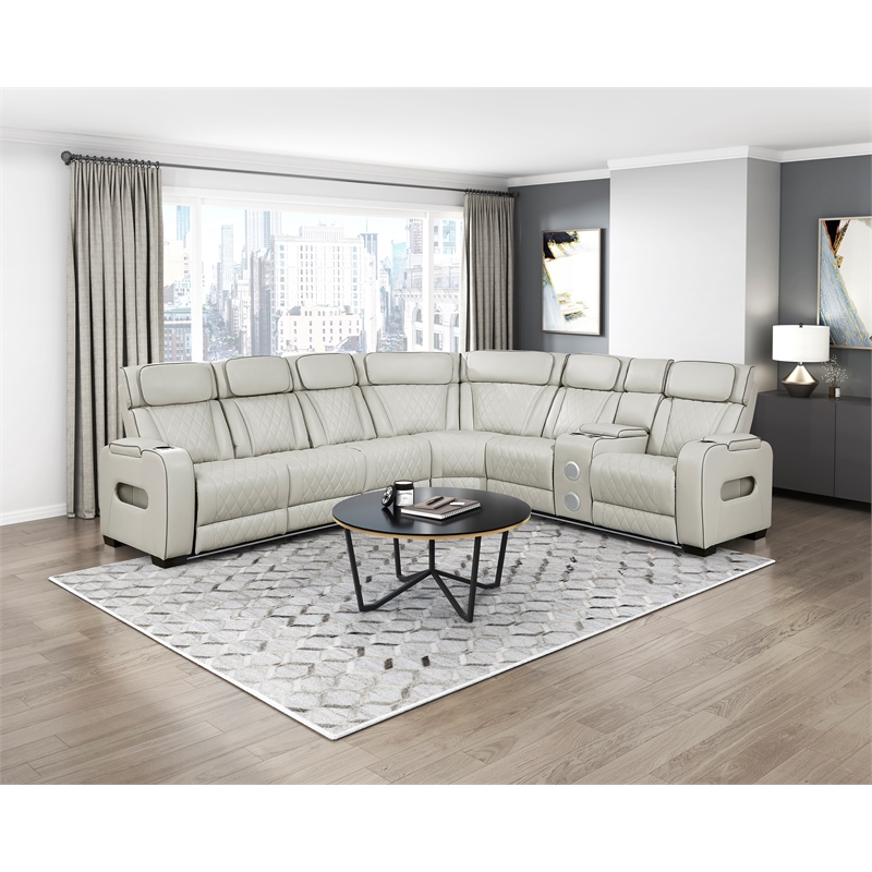 Pemberly Row Faux Leather 3-Piece Power Reclining Sectional with LED in Taupe
