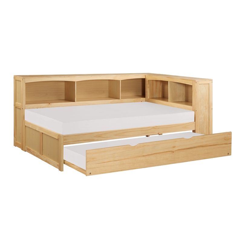 Pemberly Row Twin Bookcase Corner Bed with Pull-Out Trundle in Natural Pine