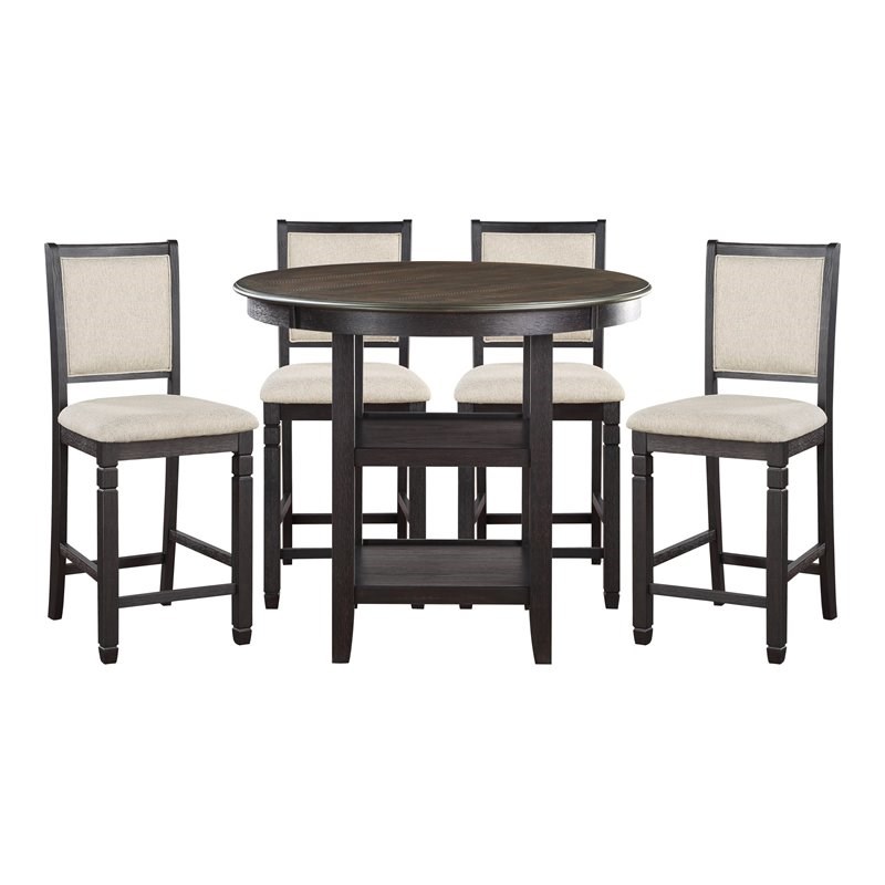 Pemberly Row 5-Pc Counter Height Dining Set with Shelf Base in Beige/Black/Brown