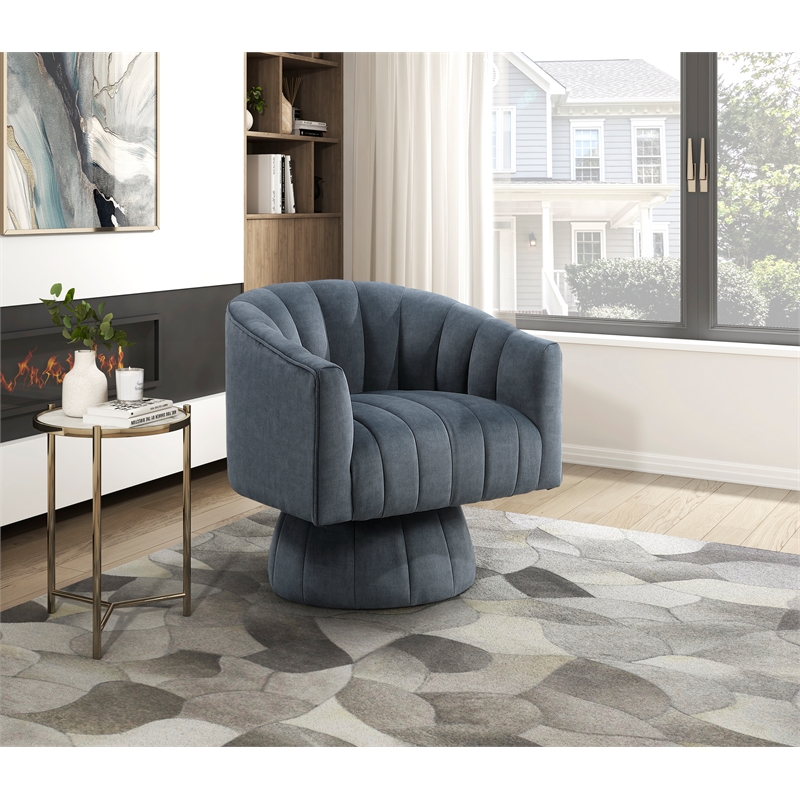Pemberly Row Velvet Swivel Barrel Accent Chair with Channel Stitching in Gray