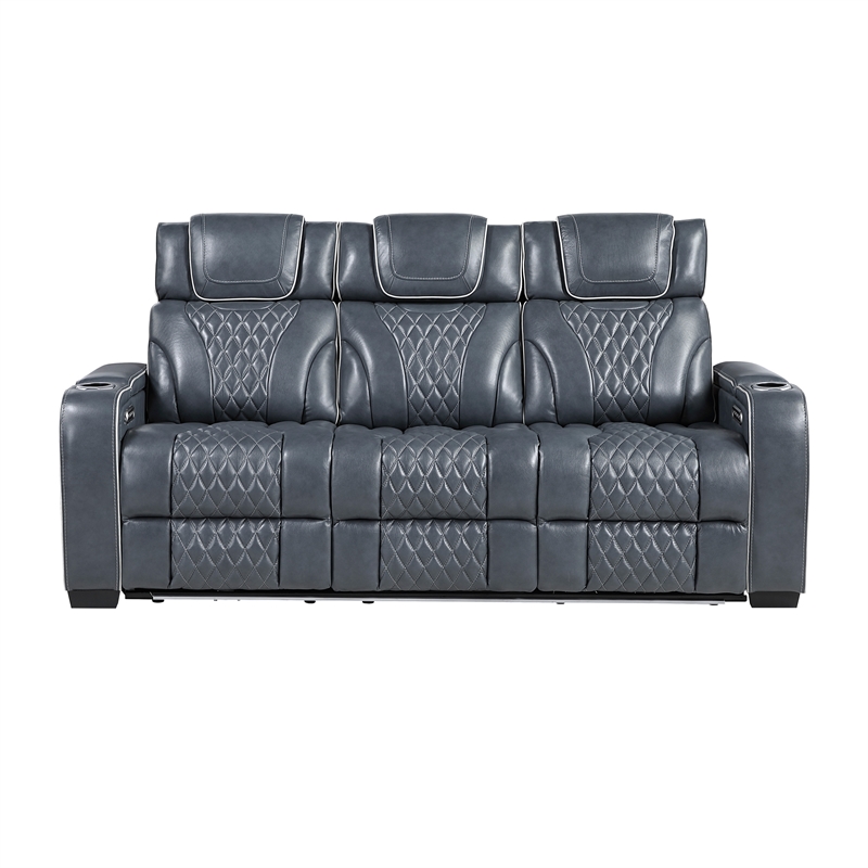 Pemberly Row Leather Power Double Reclining Sofa with Power Headrests in Blue