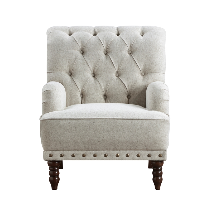 Pemberly Row Button-Tufted Textured Accent Chair with Nailhead Trim in Beige