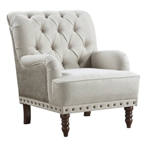 Pemberly Row Button-Tufted Textured Accent Chair with Nailhead Trim in Beige