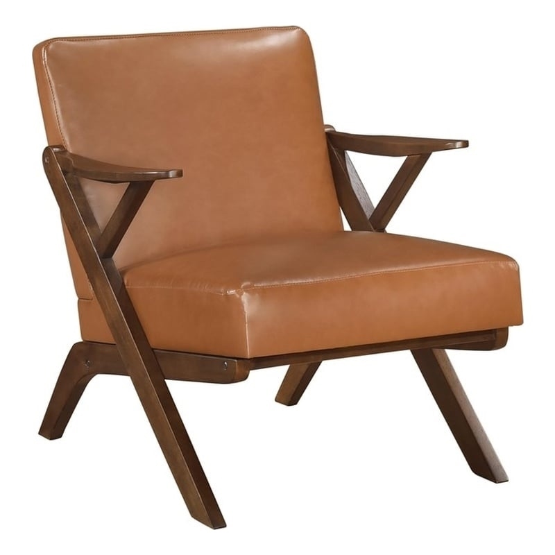 Pemberly Row Mid-Century Faux Leather Accent Chair with Wood Arms in Brown