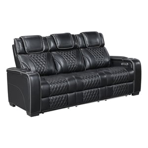 Pemberly Row Leather Power Double Reclining Sofa with Power Headrests in Black