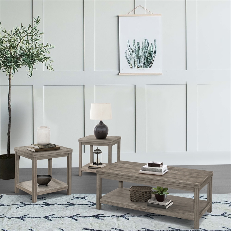 Pemberly Row 3-Piece Transitional Wood Occasional Table Set in Weathered Gray