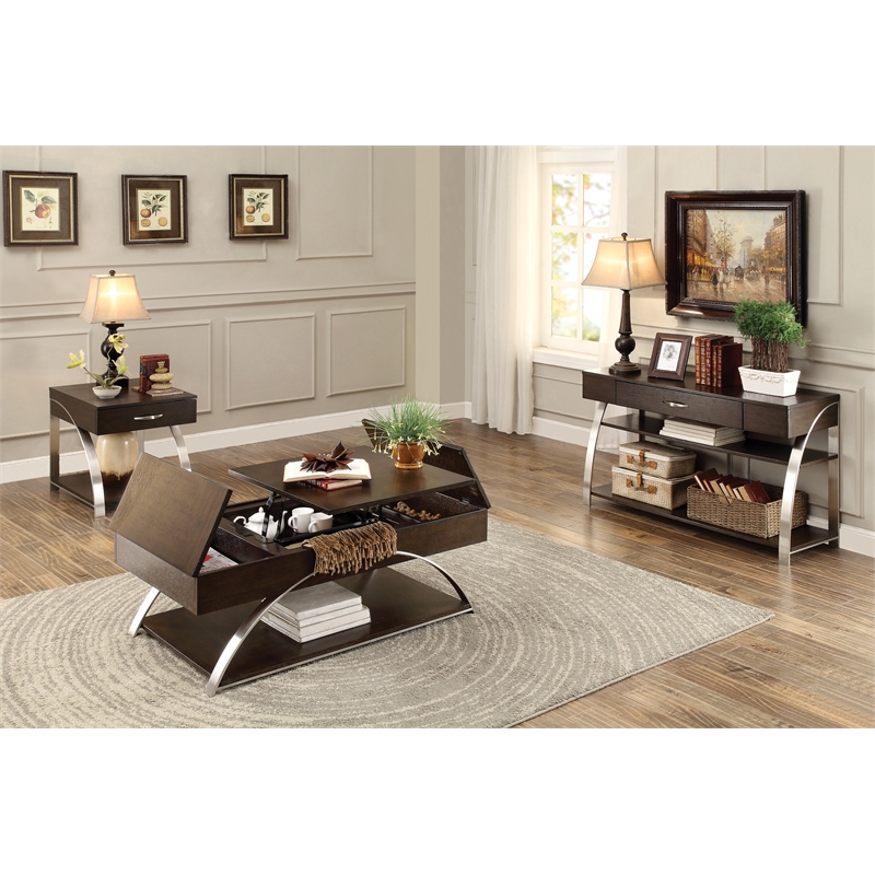 Pemberly Row Metal and Wood Lift Top Coffee Table with Storage in Espresso