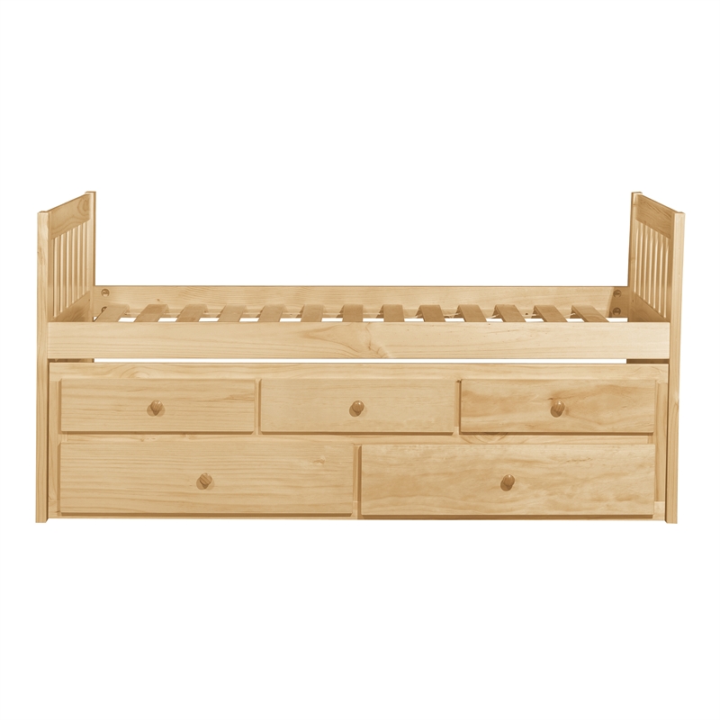 Pemberly Row Wood and MDF Twin Trundle Bed with 2 Drawers in Natural Pine