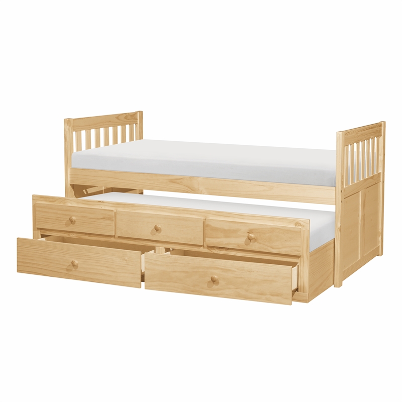 Pemberly Row Wood and MDF Twin Trundle Bed with 2 Drawers in Natural Pine