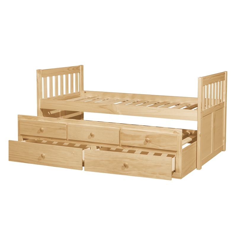 Pemberly Row Wood and MDF Twin Trundle Bed with 2 Drawers in Natural Pine