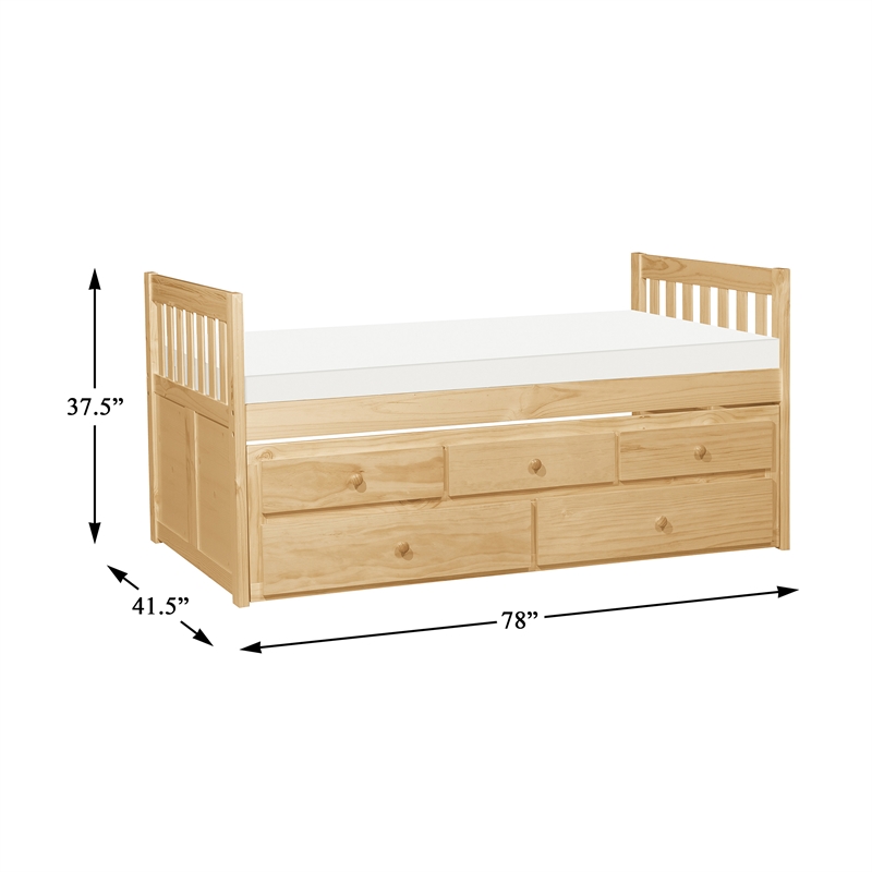 Pemberly Row Wood and MDF Twin Trundle Bed with 2 Drawers in Natural Pine