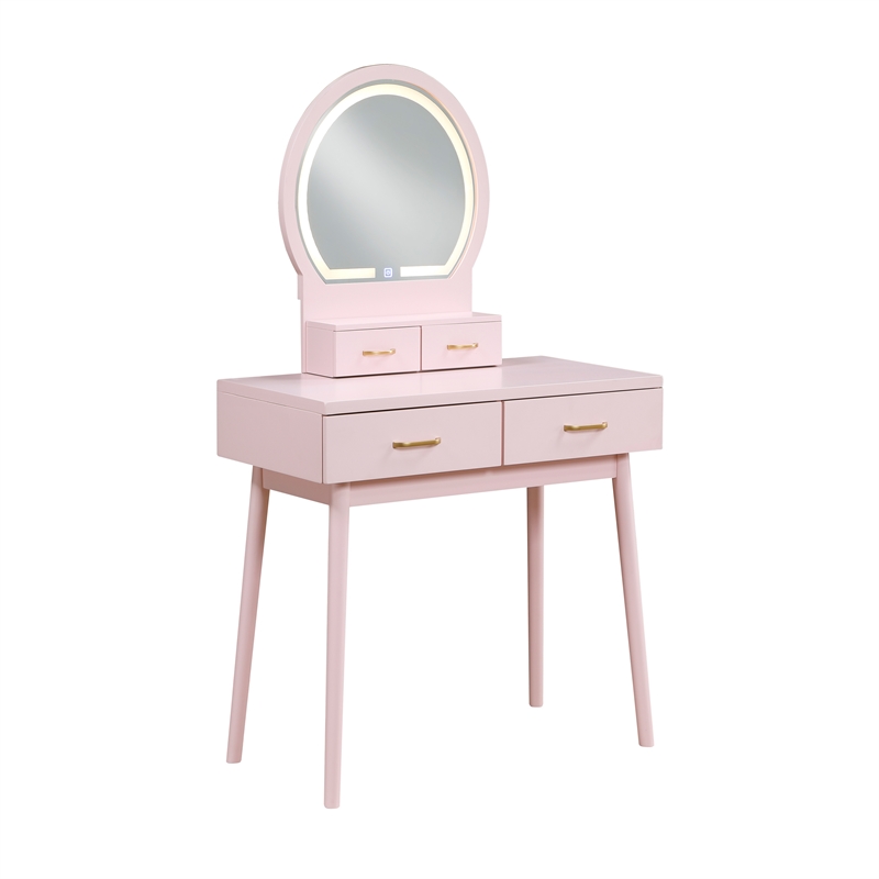 Pemberly Row LED Vanity Dresser with Mirror and Stool in Pink