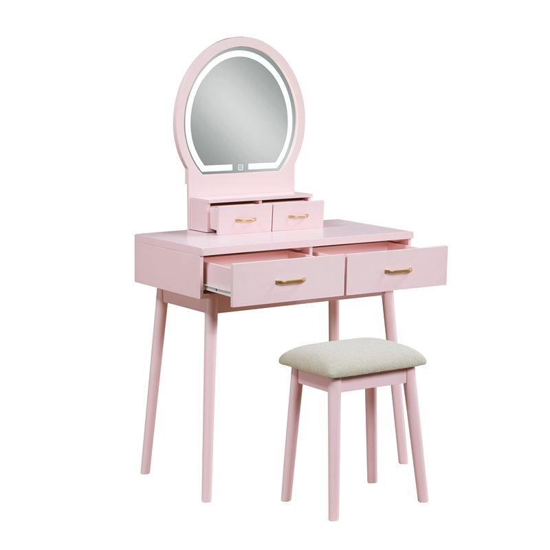 Pemberly Row LED Vanity Dresser with Mirror and Stool in Pink