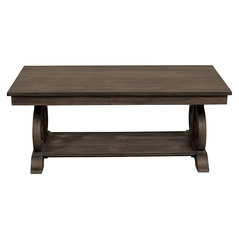 Pemberly Row Acacia Veneer Coffee Table with Shelf in Distressed Dark Oak