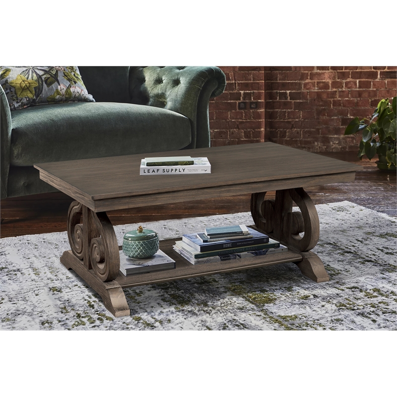 Pemberly Row Acacia Veneer Coffee Table with Shelf in Distressed Dark Oak