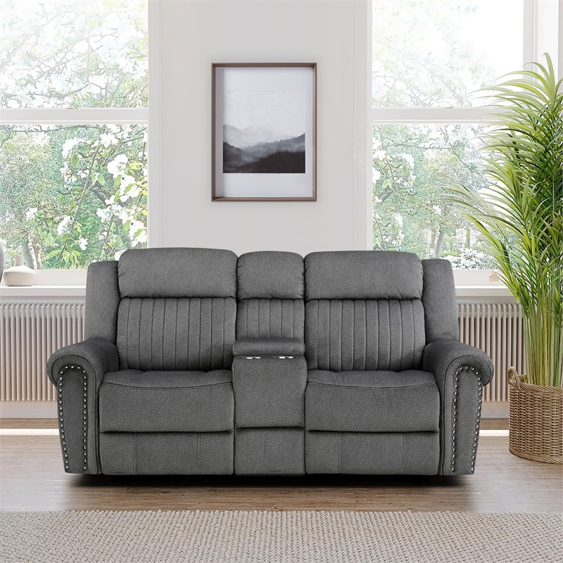 Pemberly Row Microfiber Power Reclining Loveseat with Console in Charcoal