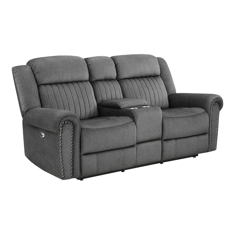 Pemberly Row Microfiber Power Reclining Loveseat with Console in Charcoal
