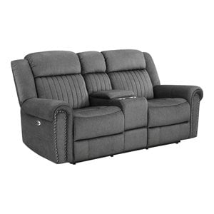 Pemberly Row Microfiber Power Reclining Loveseat with Console in Charcoal
