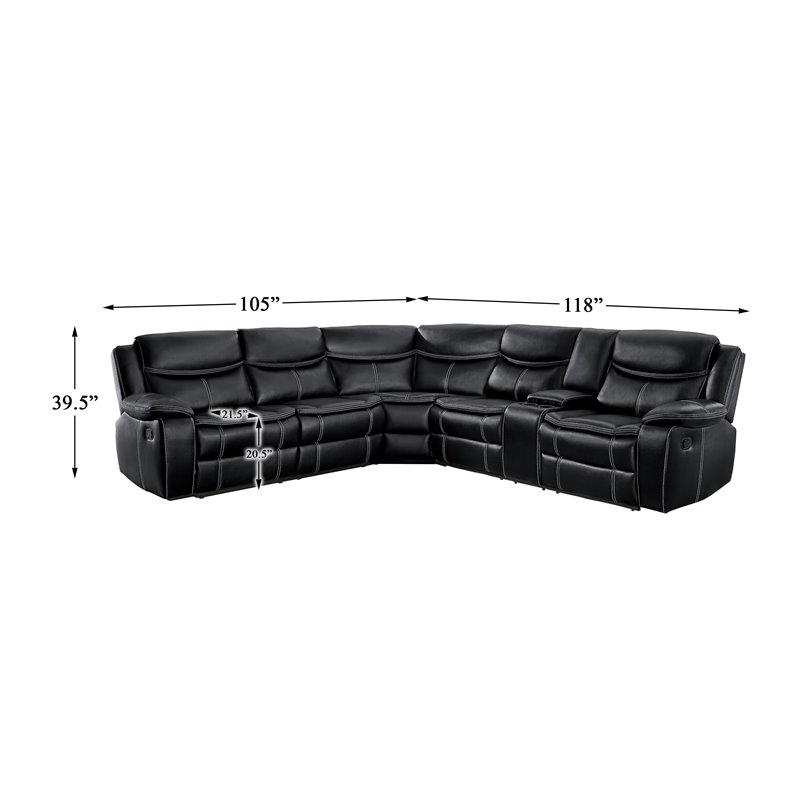 Pemberly Row 3-Piece Faux Leather Reclining Sectional with Console in Black