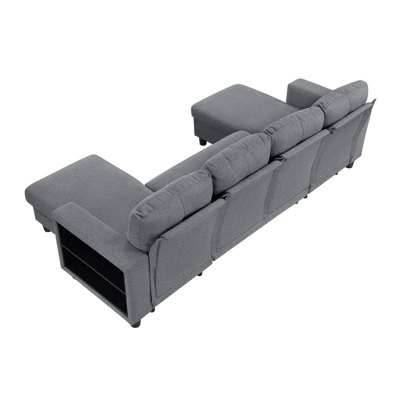 Pemberly Row Boucle U-Shaped Sectional with 2 Chaises and Pull-Out Bed in Gray