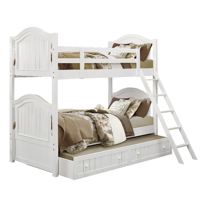 Pemberly Row Wood and MDF Twin Over Twin Bunk Bed with Trundle in White