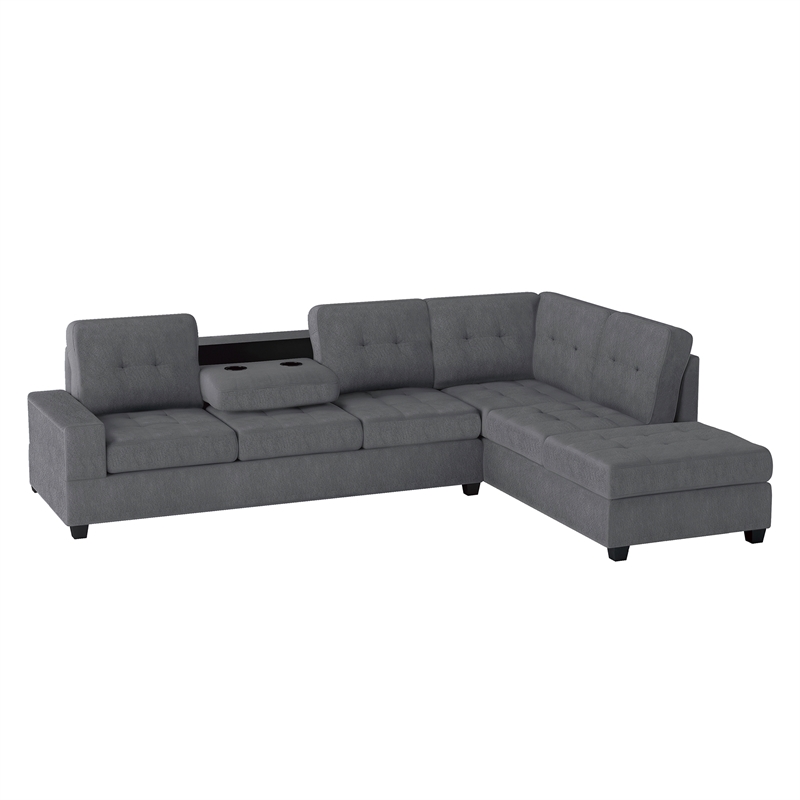 Pemberly Row Microfiber Reversible Sectional with Drop-Down Table in Dark Gray