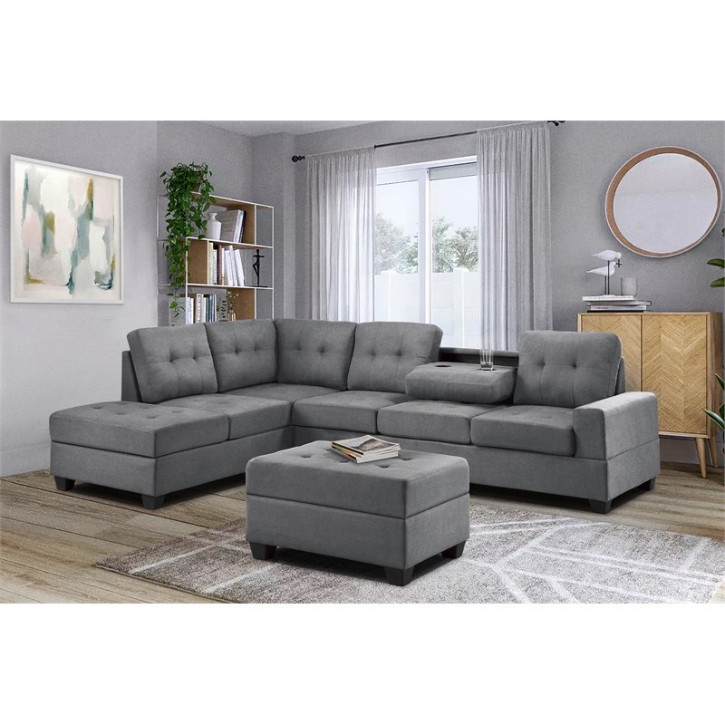 Pemberly Row Microfiber Reversible Sectional with Drop-Down Table in Dark Gray