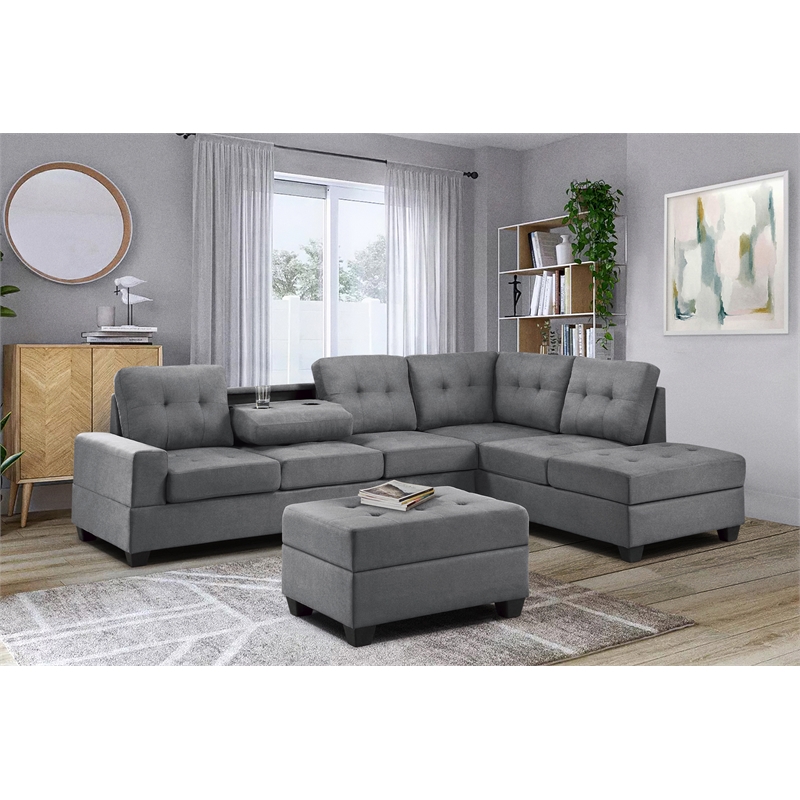 Pemberly Row Microfiber Reversible Sectional with Drop-Down Table in Dark Gray
