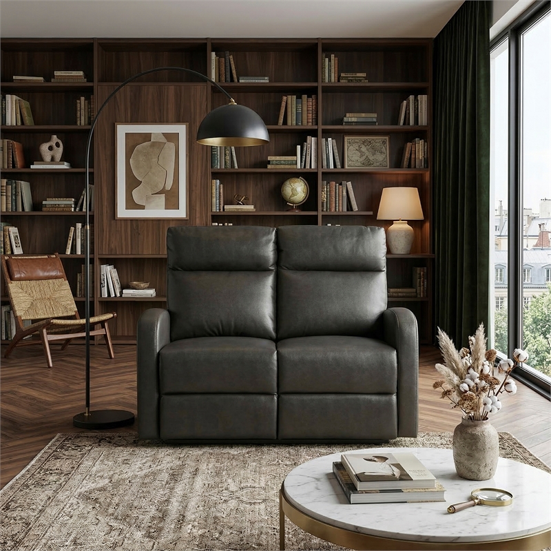 Pemberly Row Faux Leather Wall-Hugger Double Reclining Loveseat in Espresso