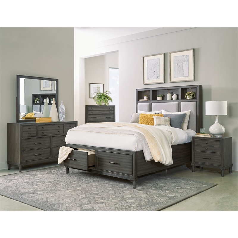 Pemberly Row Queen Platform Bed with LED Headboard and USB Ports in Gray