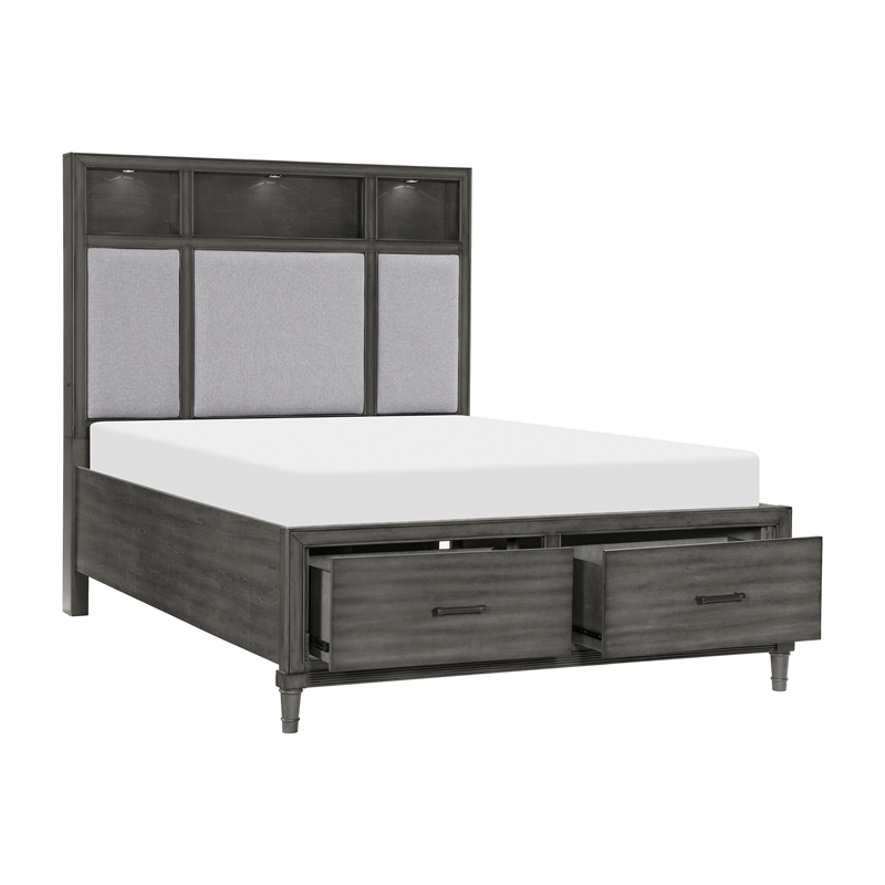 Pemberly Row Queen Platform Bed with LED Headboard and USB Ports in Gray